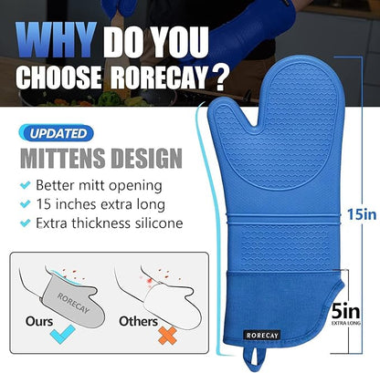 Rorecay 6pcs Oven Mitts and Pot Holders Sets for Kitchen, Extra Long Non-Slip Silicone Oven Gloves Heat Resistant 500 Degrees Potholders Hot Pads for Baking Cooking, Quilted Liner, Lake Blue - Image 2