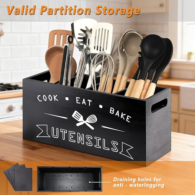 Large Black Utensil Organizer with Removable Dividers - Ideal Wooden Kitchen Countertop Organizer （black 4 Compartment）
