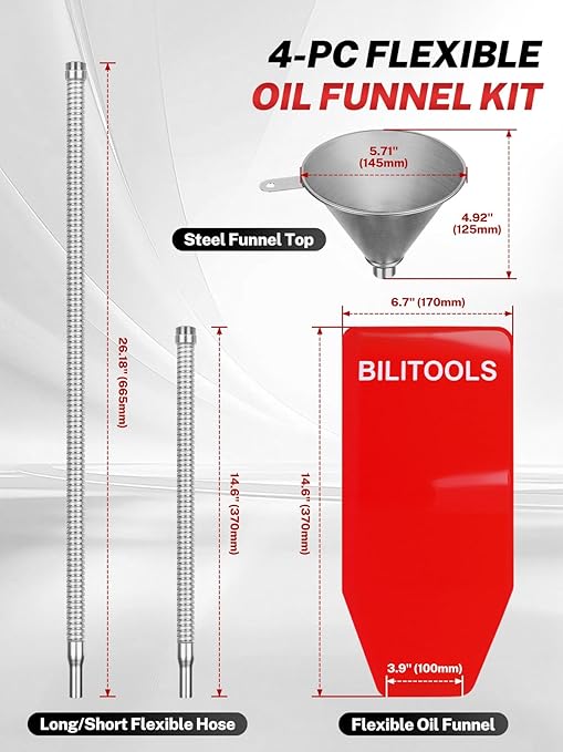 BILITOOLS 4pc Oil Change Kit, Spill-Free Steel System with Filter & 14.6"/26.2 Hoses + Reusable Flexible Funnel for Automotive Use, Universal Oil Funnel Kit for Engine, Transmission & Cooling Systems - Image 2