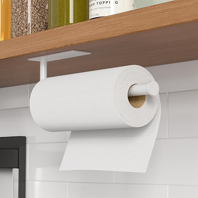 Paper Towel Holder Under Cabinet, Self-Adhesive,No Drilling, Stainless Steel, Wall-Mounted for Kitchen and Bathroom, Easy Install, Durable, Space-Saving, Ideal for Home, RV (White, 1 Pack) - Image 2