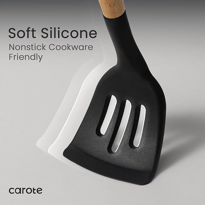 CAROTE Silicone Cooking Utensils Set for Nonstick Cookware, 446°F Heat Resistant Kitchen Utensil Set with Wooden Handle 10pcs, Spatula, Turner, Spoon, Tongs, Whisk - Image 7