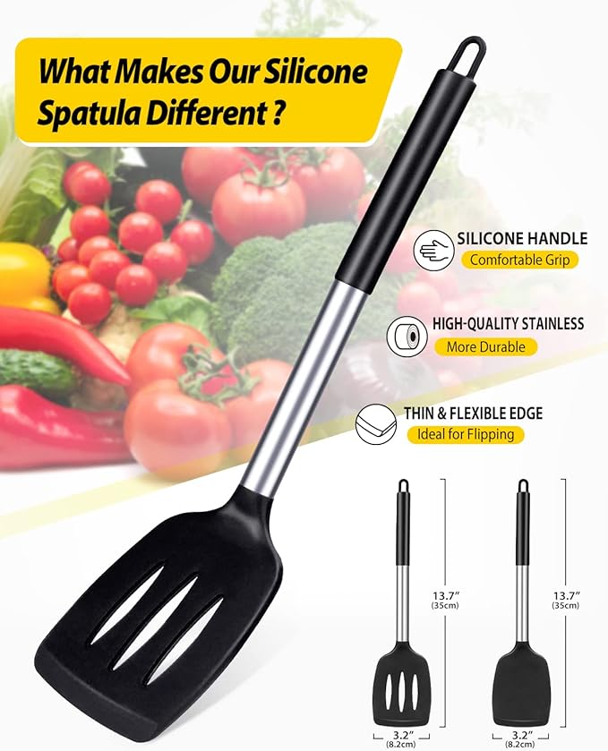 Pack of 2 Silicone Solid Turner, Non Stick Slotted Kitchen Spatulas, High Heat Resistant BPA Free Cooking Utensils, Ideal Cookware for Fish, Eggs, Pancakes(Black) - Image 2