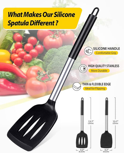 Pack of 2 Silicone Solid Turner, Non Stick Slotted Kitchen Spatulas, High Heat Resistant BPA Free Cooking Utensils, Ideal Cookware for Fish, Eggs, Pancakes(Black) - Image 2