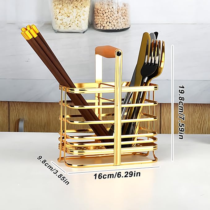 Caliamary Utensil Holder, Stainless Small Stainless Steel Cutlery Drainer Caddy for Kitchen Counter, Silverware Cutlery Flatware Holder Forks, Knives, Spoons, Chopsticks Organizer (Gold)