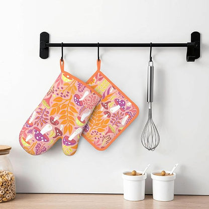Mushroom Silicone Oven Mitts Pan Mats Set of 2, Heat Resistant Gloves Potholder with Non-Slip Grips Hanging Loops Pot Holder, Spring Summer for Chef Cooking, Baking, Grilling, BBQ