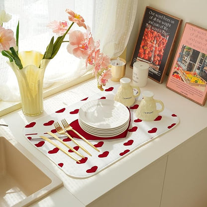 Valentines Dish Drying Mat 18x24 Inch Red Hearts Dish Drainer Protector Pad for Kitchen Counter Absorbent Holiday Love Drying Pad for Drainer Rack Kitchen Fast Dry
