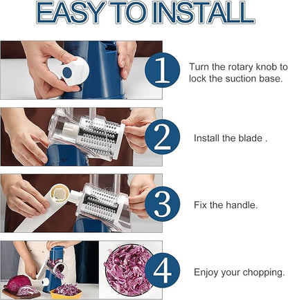 Ourokhome Rotary Cheese Grater Hand Crank, Kitchen Shredder Speed Mandolin Slicer Nut Grinder with Handle and Drum Blades for Cheese, Vegetable, Walnut, Chocolate, Potato, Carrot, 3 Blades, Dark Blue - Image 6