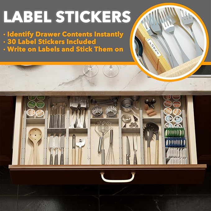 SpaceAid Bamboo Drawer Dividers with Inserts and Labels, Kitchen Adjustable Drawer Organizers, Expandable Organization for Home, Office, Dressers, 10 Dividers with 24 Inserts (17"-22" Gray) - Image 3