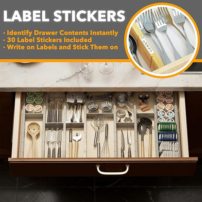SpaceAid Bamboo Drawer Dividers with Inserts and Labels, Kitchen Adjustable Drawer Organizers, Expandable Organization for Home, Office, Dressers, 10 Dividers with 24 Inserts (17"-22" Gray) - Image 3