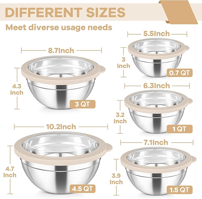 TeamFar Mixing Bowls, 4.5/3/1.5/1/0.7 QT Stainless Steel Nesting Salad Bowls with Visible Lids, For Serving/Mixing/Storing, Non-Toxic & Heavy Duty, Airtight & Easy Clean, Khaki, Set of 5 - Image 2