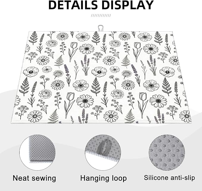 Black and White Floral Aesthetics Dish Drying Mat, for Kitchen Counter Microfiber Absorbent, Dish Draining Mat Extra Large 18"x24" - Image 7