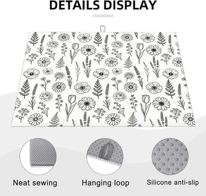 Black and White Floral Aesthetics Dish Drying Mat, for Kitchen Counter Microfiber Absorbent, Dish Draining Mat Extra Large 18"x24" - Image 7