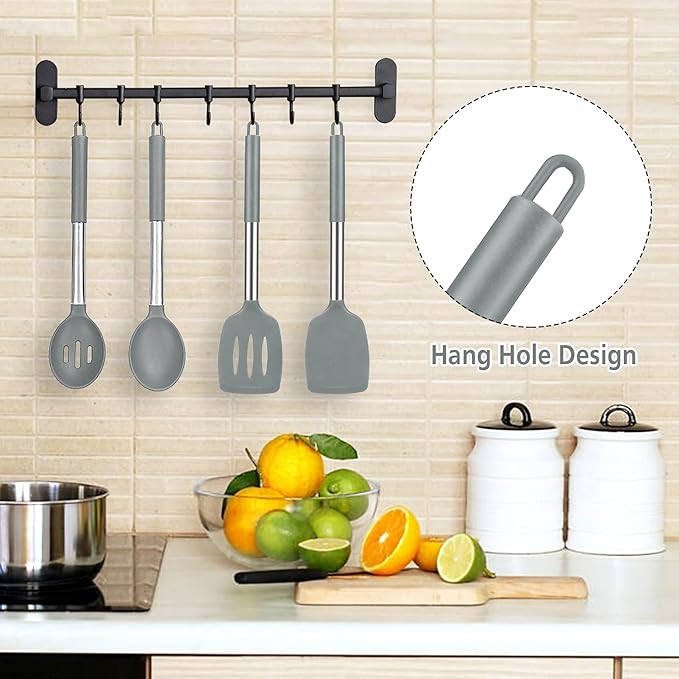 Pack of 4 Large Silicone Cooking Spatulas and Spoons, Slotted and Solid Stainless Steel Cooking Utensils Set, Non-stick Heat Resistant Kitchen for Baking, Fried, Stir-Fry, Mixing, Serving (Grey) - Image 6