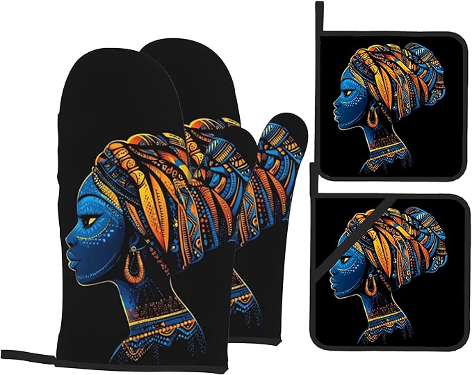 Black Women Oven Mitts & Potholder Set of 4 - Heat Resistant Kitchen Gloves Hot Pads for Baking, Cooking, Gifts for Women