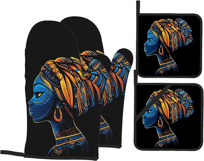 Black Women Oven Mitts & Potholder Set of 4 - Heat Resistant Kitchen Gloves Hot Pads for Baking, Cooking, Gifts for Women