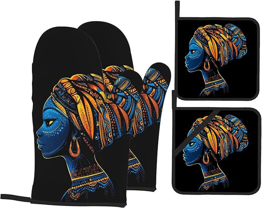 Black Women Oven Mitts & Potholder Set of 4 - Heat Resistant Kitchen Gloves Hot Pads for Baking, Cooking, Gifts for Women