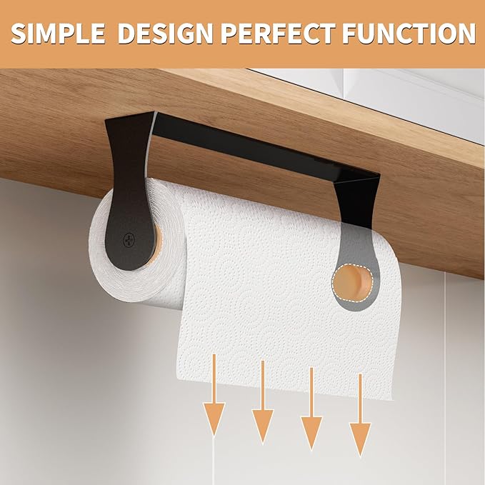 Paper Towel Holder Under Cabinet, Stainless Steel, Wall Mount, Black Adhesive Paper Roll Holder for Kitchen and Bathroom - Image 2
