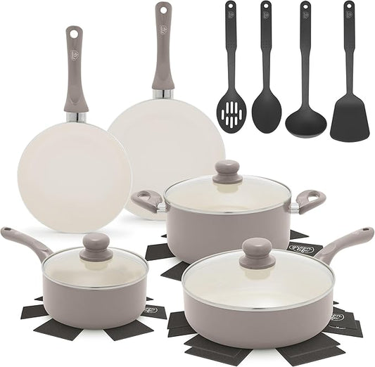 GreenLife 16-Piece Nonstick Cookware Set, Non-Toxic Ceramic Pots and Pans Set, Durable Healthy Kitchen Essentials, Fast Heating, Induction Ready, Easy Clean Dishwasher Safe, PFAS-Free, Light Gray