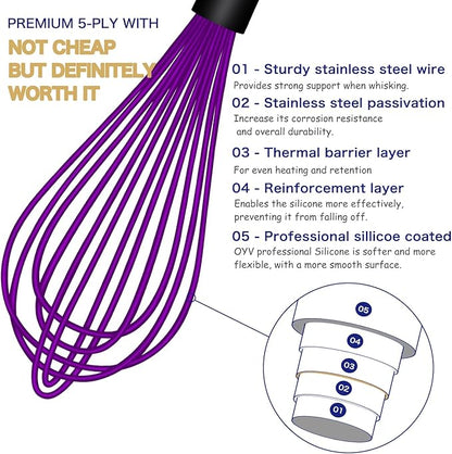 OYV Dishwasher Safe Purple Silicone Whisk, Sealed Waterproof Design Set of 3, Professional Kitchen Whisks for Cooking Non-Scratch, Silicone & Stainless Steel Whisk, Heat Resistant Balloon Egg Beater - Image 3
