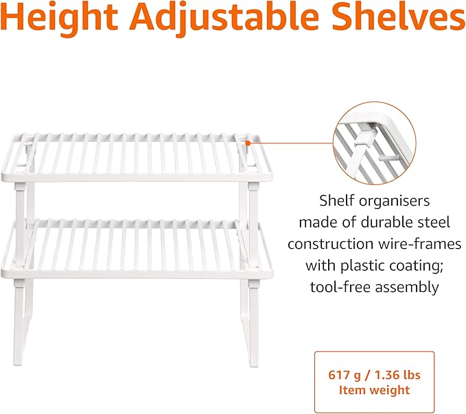 Amazon Basics Space-Saving Stackable Metal Kitchen Cabinet Organizer Shelves for Dishes, Pantry Organization, 12.5" L x 8" D x 4.5" H, Set of 2, White - Image 4
