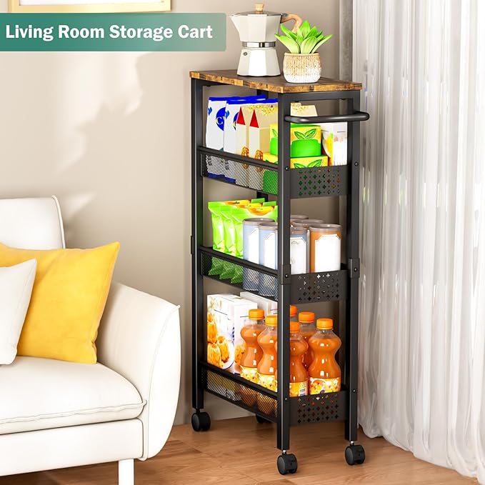 Vivihomety Utility Slim Storage Cart with Wheels, 4 Tier Small Rolling Cart with Wood Top, Metal Kitchen Bathroom Laundry Room Organization Trolley with Handle for Narrow Space – Black - Image 6