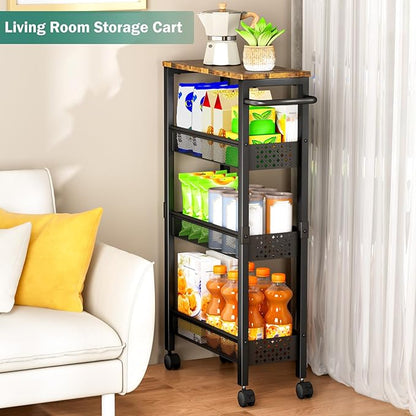 Vivihomety Utility Slim Storage Cart with Wheels, 4 Tier Small Rolling Cart with Wood Top, Metal Kitchen Bathroom Laundry Room Organization Trolley with Handle for Narrow Space – Black - Image 6