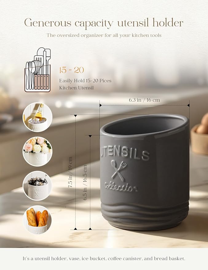 AISBUGUR Large Ceramic Utensil Holder 7.5" H×6.3" W with Slanted Mouth - Utensil Crock with Non-Slip Cork Base for Kitchen Counter, Ideal for Decor & Gift,Grey - Image 3