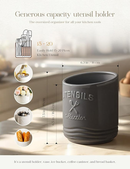 AISBUGUR Large Ceramic Utensil Holder 7.5" H×6.3" W with Slanted Mouth - Utensil Crock with Non-Slip Cork Base for Kitchen Counter, Ideal for Decor & Gift,Grey - Image 3