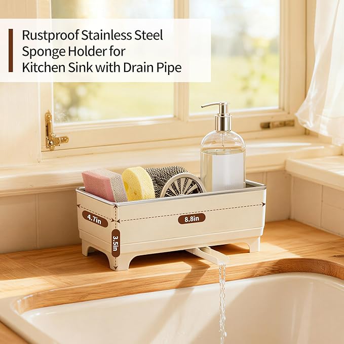 Sponge Holder for Kitchen Sink – Rustproof Stainless Steel, 360° Rotating Drain Pipe, Large Counter Organizer with Drip Tray for Sponges, Brushes & Dish Cloths Off-white - Image 2