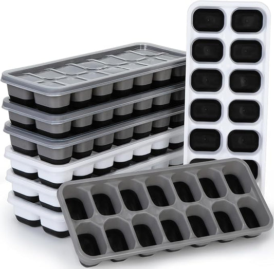 Silicone Ice Cube Tray, 8 Pack Easy-Release & Flexible 14-Ice Cube Trays with Spill-Resistant Removable Lid, Stackable Ice Trays with Covers for Freezer, Cocktail (4 Black+ 4 Grey) by Jrisbo