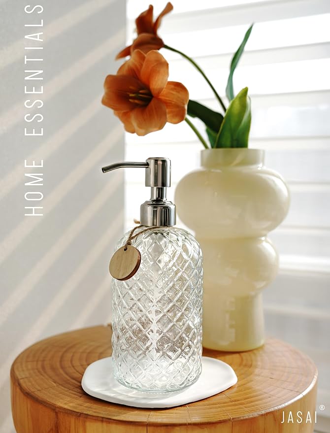 JASAI 18Oz Gem Patterned Clear Glass Soap Dispenser with Rust Proof Pump, Refillable Hand soap Dispenser for Kitchen, Premium Bathroom Soap Dispenser for Dish Soap, Hand soap, Lotion(Clear). - Image 6