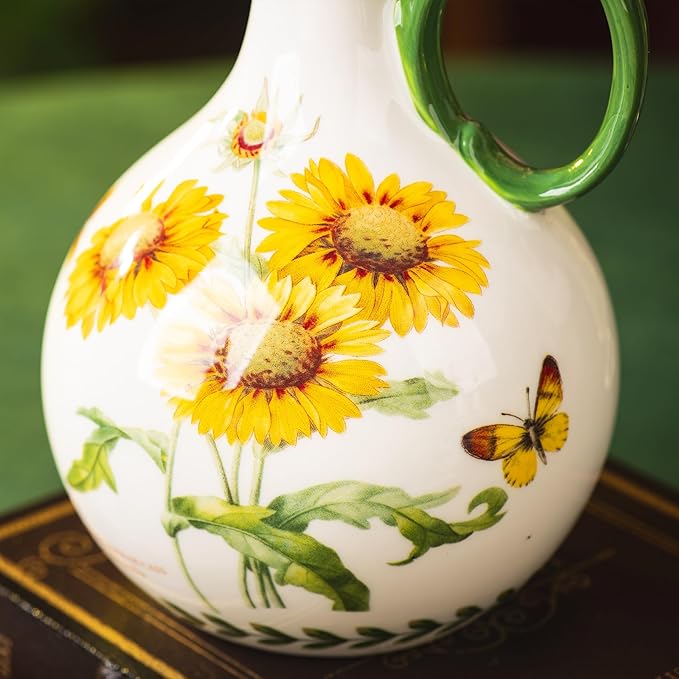 Ceramic Olive Oil Dispenser, 27 oz Floral Pattern Cruet with Auto-Close Spout, 9.45" Tall, Decorative Oil and Vinegar Bottle (sunflower)