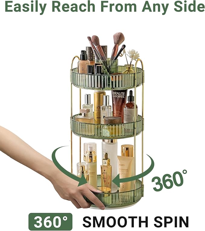 Asayuee 360 Rotating Makeup Organizer,3 Tier Large Capacity Make Up Organizers and Storage,Skincare Perfume Vanity Organizers,Bathroom Cosmetics Storage Organizer Countertop (Green) - Image 3