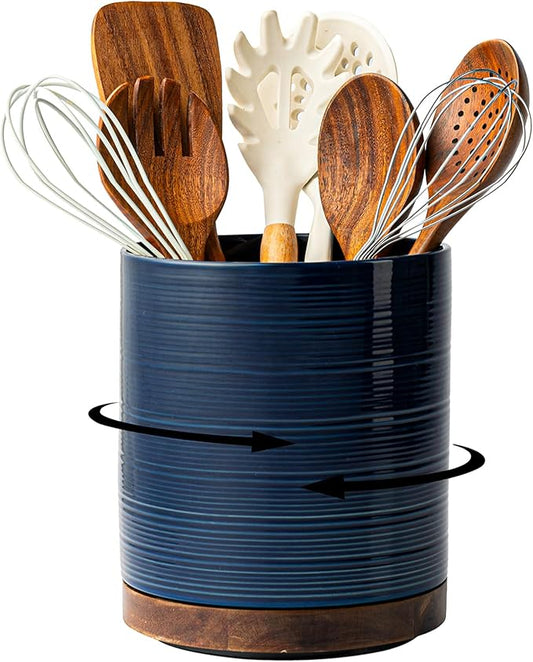 Utensil Holder, 360° Rotating Extra Large Ceramic Kitchen Utensil Holder for Countertop, 7.3“ Cooking Utensil Crocks for Kitchen Counter with Rotatable Wooden Base, Farmhouse Decor, Dark Blue by MIKIGEY