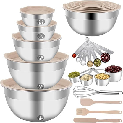 WEPSEN Mixing Bowls Set, 25PCS Khaki Mixing Bowls With Lids Set Stainless Steel Kitchen Large Nesting Metal Bowl 7QT to 1.5QT, Measuring Cups and Spoons for Prepping Cooking Serving by WEPSEN