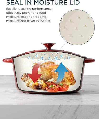 Enameled Cast Iron Dutch Oven - 7.5QT Pot with Lid & Cotton Potholders - Heavy-Duty Cookware for Braising, Stews, Roasting, Bread Baking, Oven Safe up to 500°F & Suitable for All Cooktops, Cherry Red - Image 3
