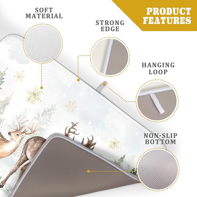 Winter Deer Dish Drying Mat for Kitchen Counter Xmas Trees Snowflake Festival Microfiber Absorbent Dish Draining Reusable Washable Foldable Extra Large 18"x24" - Image 4
