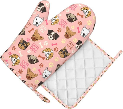 Cute Dog Oven Mitts and Pot Holders Set, Puppy Kitchen Accessories Heat Resistant to 500°F, Non-Slip Silicone Grips for Baking, Cooking, Grilling, BBQ - Gift for Dog Lovers