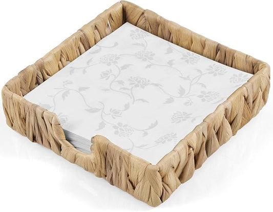 Napkin Holder for Table, Woven Water Hyacinth Napkin Holders For Paper Napkins, Wicker Napkin Holders for Kitchen Dinner Table Boho Decor and Accessories, Square Napkin Basket and Serving Tray