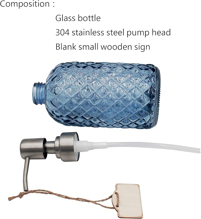 16 oz Diamond Pattern Glass Soap Dispenser, Kitchen and Bathroom Refillable Soap Dispenser with Rust Resistant Stainless Steel Pump for Hand Soap, Lotion Glass Liquid Dispenser (Blue) - Image 4