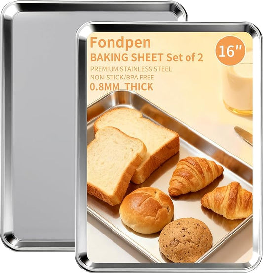 Baking Sheet Set of 2, Stainless Steel Cookie Sheets Baking Sheet Pan, 16 x 12 Inch Thicker and Firmer Baking Pans Set, Non-stick, Non toxic & Heavy Duty & Easy Clean,Dishwasher Safe by Fondpen