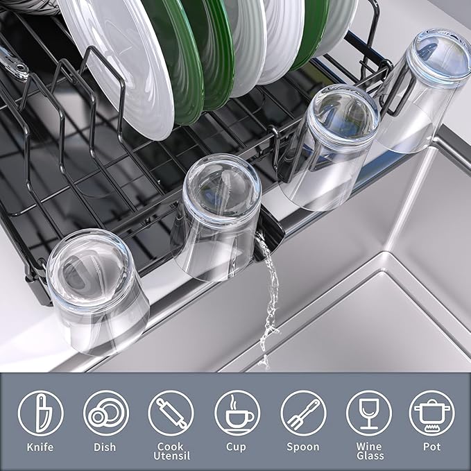 Runnatal Large Detachable Dish Rack with Drainboard Set, Dish Drying Rack Extendable Dish Rack, Utensil Holder, Cup Holder, Expandable Dish Drainer for All Kitchen Counter,20.5"-27.6" L x 12.6" W - Image 5