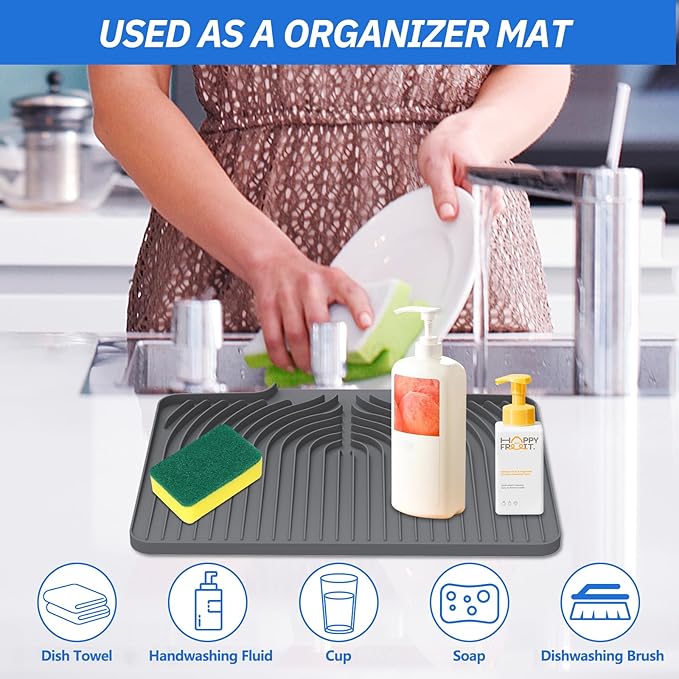 Dish Drying Mat for Kitchen Counter, with Built-in Drain Wide Lip, Food-Grade Silicone, Easy Clean Pad for Countertop Protection, Multi-Functional Use (18×12 Wide Lip, Grey) - Image 5