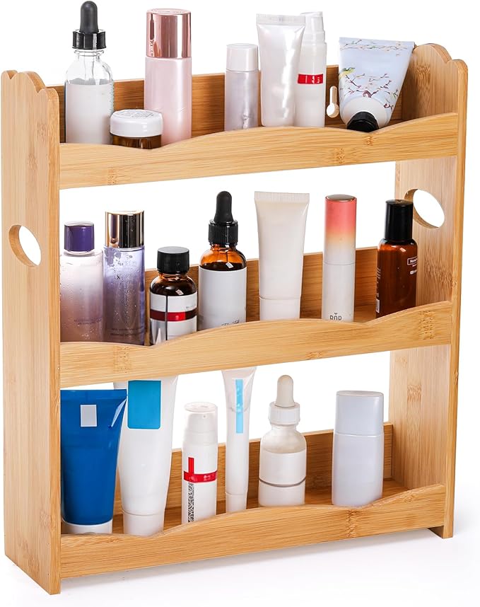 Jucoan 3-Tier Bamboo Spice Rack for Countertop, Wall Mounted Spice Holder Rack Seasoning Bottles Jar Organizer Shelf, Bathroom Organizer Rack, Spice Rack Only, Jars No Included, No Assembly Required - Image 4