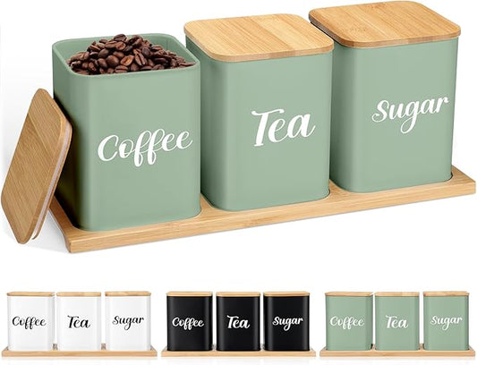 Tioncy Coffee Tea Sugar Container with Tray Set of 3 Airtight Metal Canister with Bamboo Lid Tray for Kitchen Counter Dining Room Farm House Kitchen Style Drink Station Organizer Set (Sage Green) by Tioncy