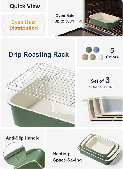 LE TAUCI Deep Casserole Dishes for Oven, 13.7”x9.6” Ceramic Baking Dish Set with Roasting Racks, Large Lasagna Pans with Handles, Rectangular Bakeware as Gift for Mom, Forest Green (4.6QT/3.0QT/1.6QT), Set of 3 - Image 2