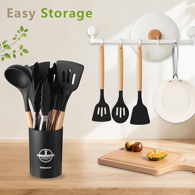 SAKAMOSH Silicone Cooking Utensils Set with Holder, 12 Pcs Heat Resistant Kitchen Utensils Set with Wooden Handle, BPA-free Spatula, Tongs, Spoons Set for Nonstick Cookware, Black