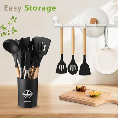 SAKAMOSH Silicone Cooking Utensils Set with Holder, 12 Pcs Heat Resistant Kitchen Utensils Set with Wooden Handle, BPA-free Spatula, Tongs, Spoons Set for Nonstick Cookware, Black