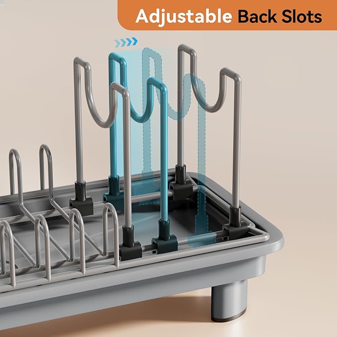 Laveshop Small Dish Drying Rack, Compact Dish Drainer for Kitchen Counter, with Adjustable Back Slots, Space-Saving for Small Kitchens, Gray - Image 2