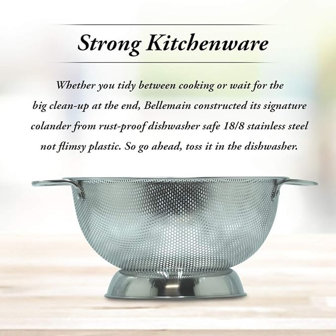 Bellemain 3 Qt Metal Colander with Handle | Pasta, Spaghetti, Berry, Fruit, Vegetable, Kitchen Food Strainer Basket | 18/8 Stainless Steel Colander Bowl | Pot Drainer for Cooking, Sifter Strainer - Image 2